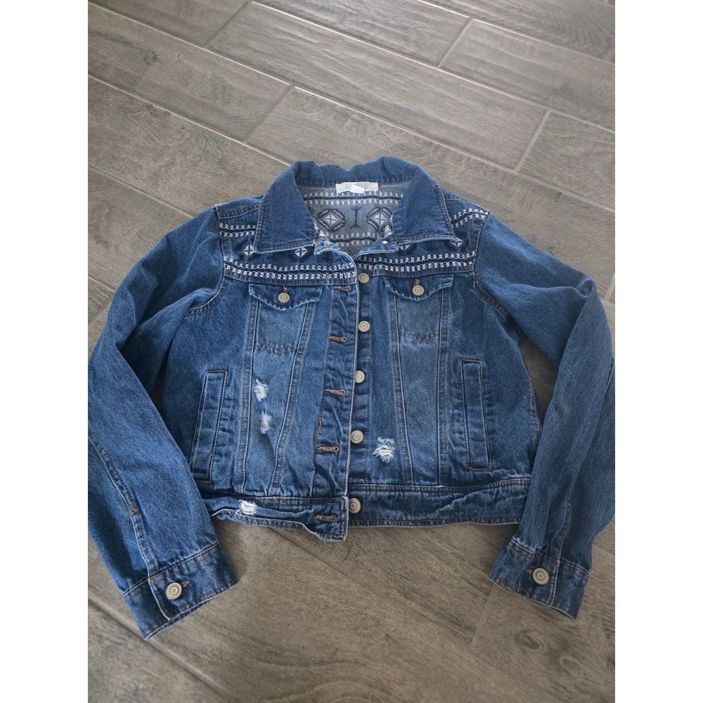 Bunulu Womens Medium Wash‎ Embroidered Distressed Denim Jean Jacket Medium